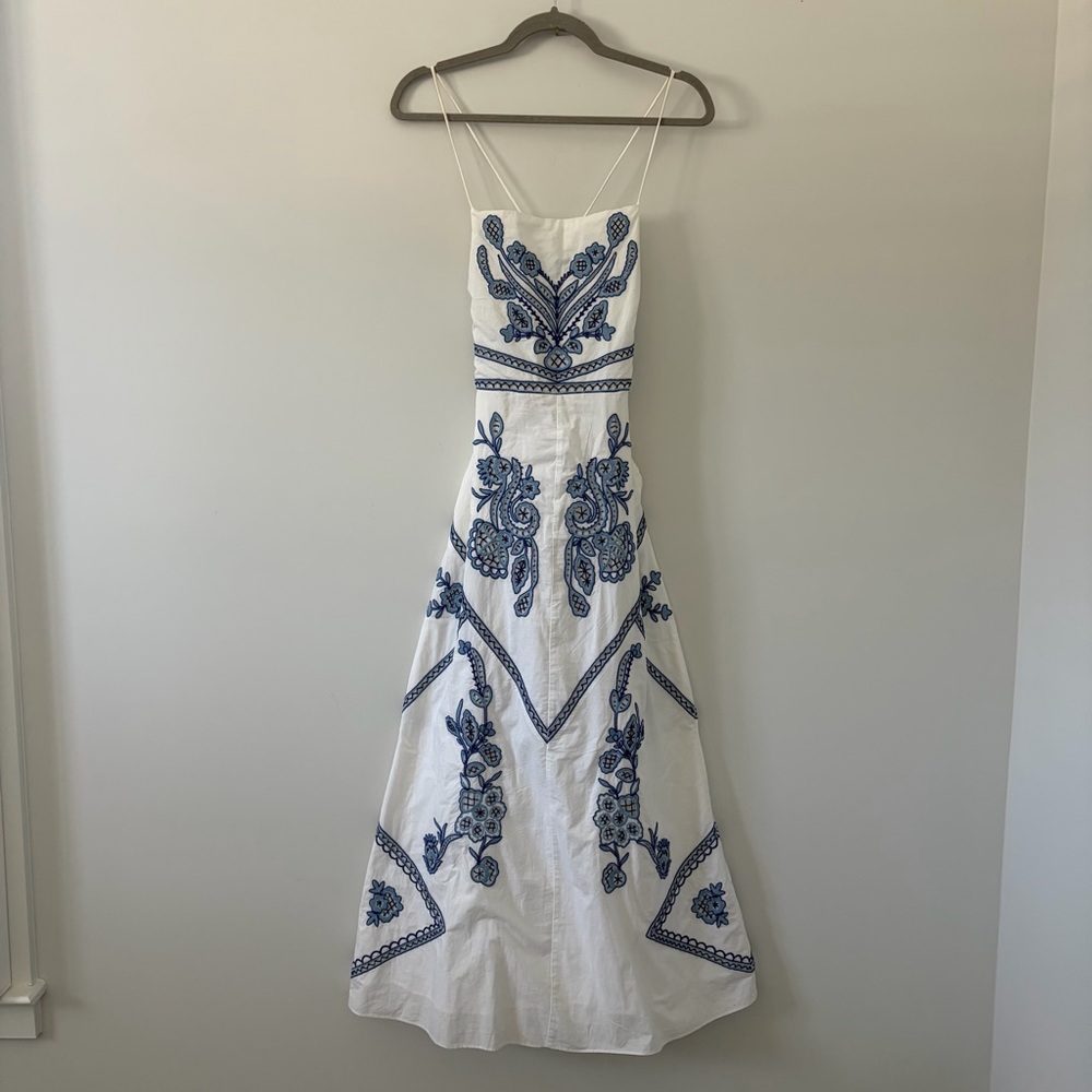 Zara ZW Collection FW24 Blue White Embroidered Strappy Open Back Midi Dress S